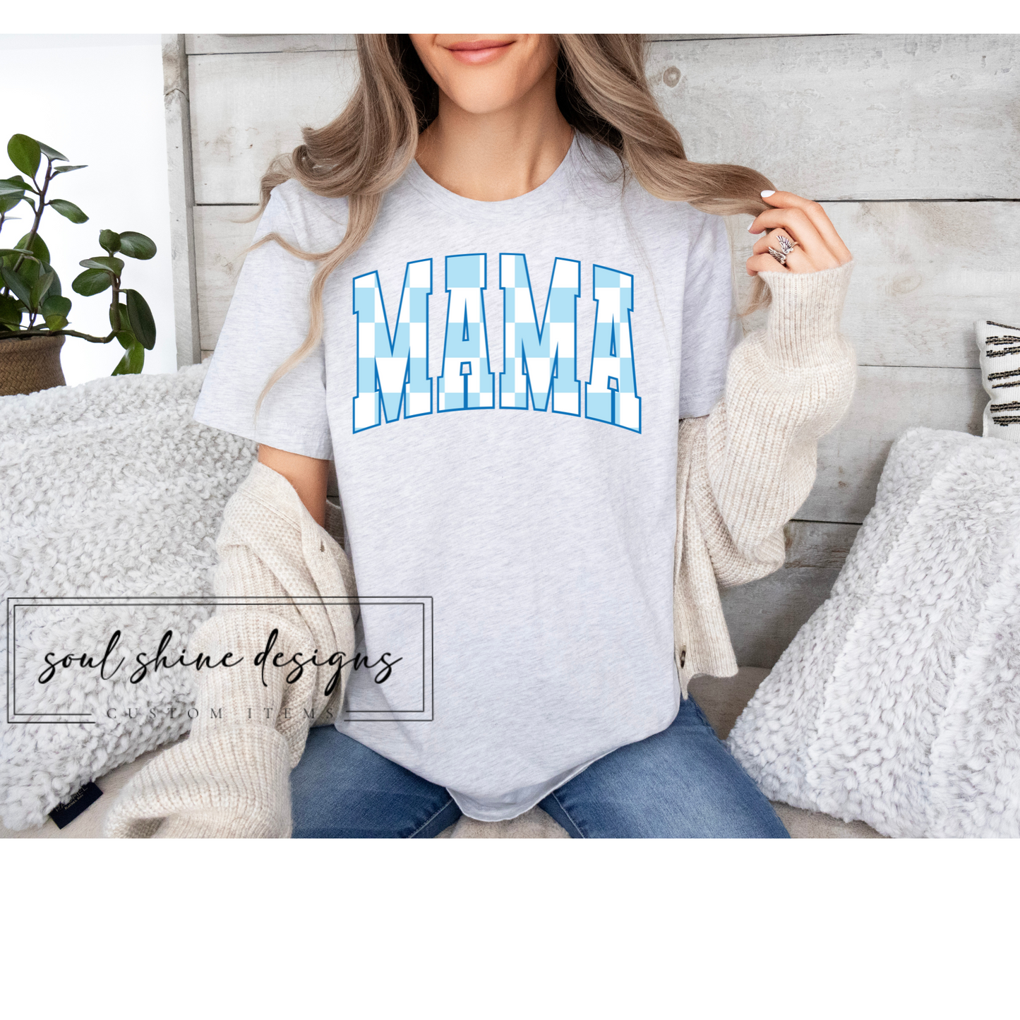 DTF Transfer Blue And White Checkered Mama