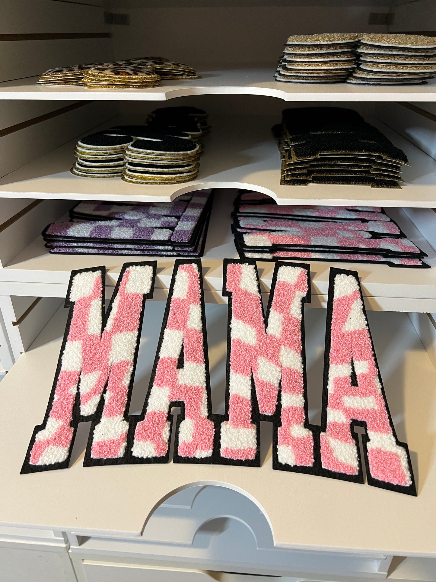 Mama Pink & White Checkered Chenille Patch
