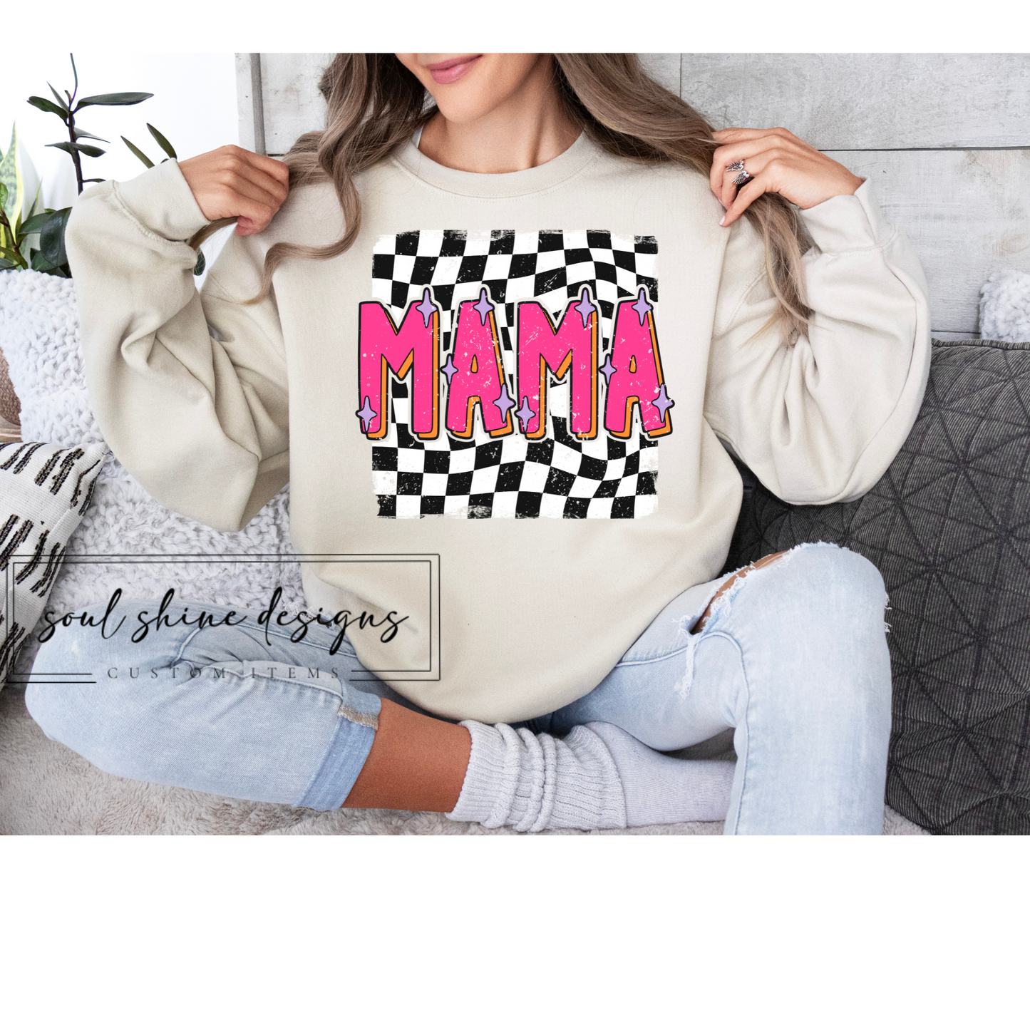 DTF Transfer Retro Checkered Mama